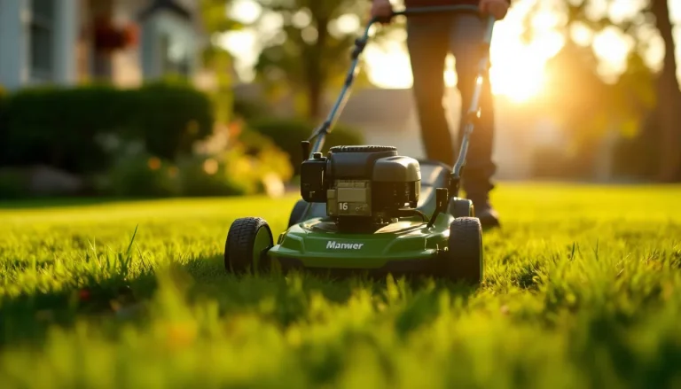 Homeowner pushing a 16-inch manual reel lawn mower across a small flat cool-season lawn at golden hour