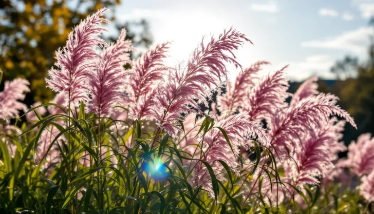 Pink muhly grass (Muhlenbergia capillaris) in full fall bloom, a cloud of pink plumes backlit by low sun above a clump of green arching foliage