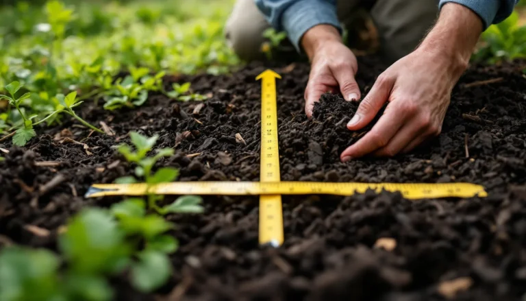 Mulch calculator diagram showing a landscape bed measured by length, width, and depth to find cubic yards