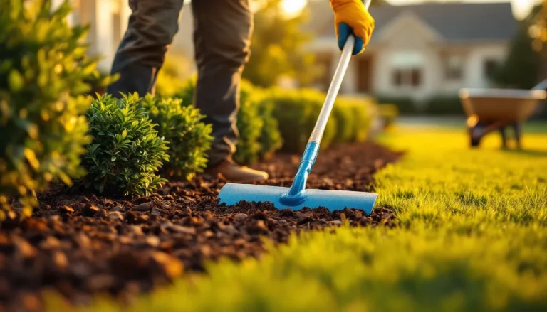 Landscaper spreading fresh hardwood mulch to a uniform depth in a prepared garden bed, kept clear of plant stems