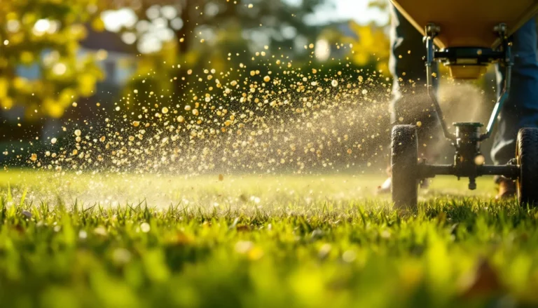 Granular NPK fertilizer being broadcast spread on a green lawn