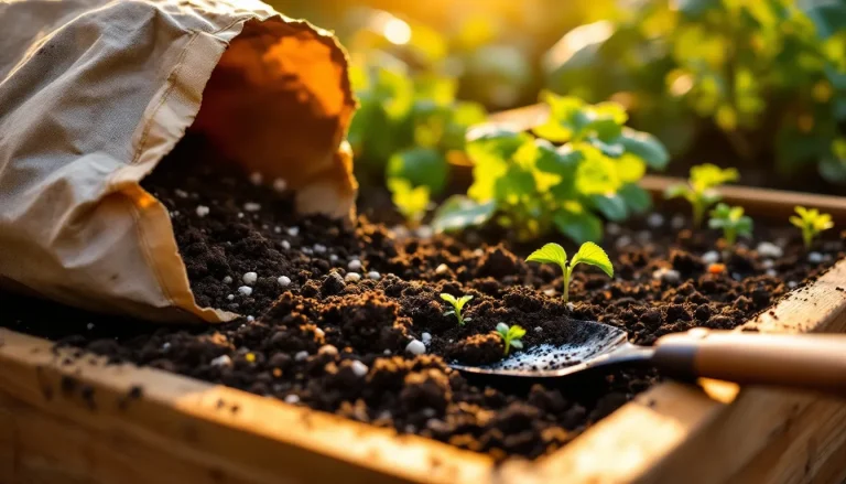 Open bag of dark organic soil spilling onto a raised garden bed with compost and perlite visible