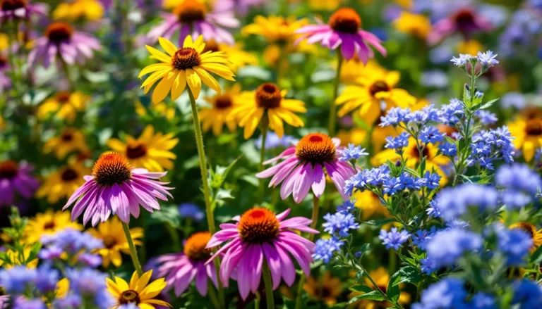 Mixed perennial flower bed with purple coneflower, yellow black-eyed Susan, and blue catmint in full sun