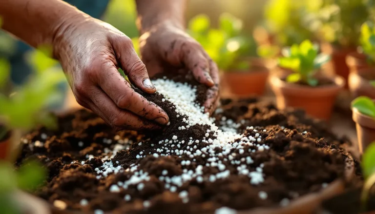 Close-up of white popcorn-like perlite granules mixed into dark potting soil in a gardener's hands