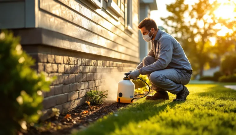 Pest control technician in uniform spraying the exterior foundation of a suburban home at golden hour