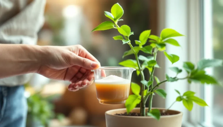 Hand fertilizing potted plant with liquid fertilizer