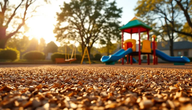 Child-safe playground with engineered wood fiber mulch installed 9 inches deep under play equipment