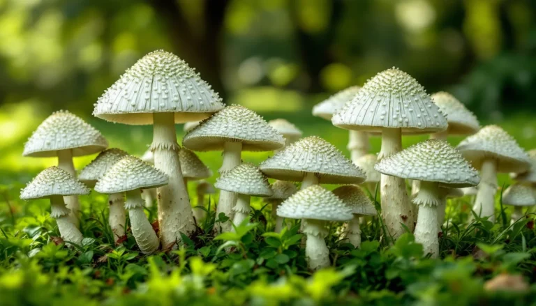 White scaly green-spored parasol mushrooms growing in a fairy ring on a green lawn