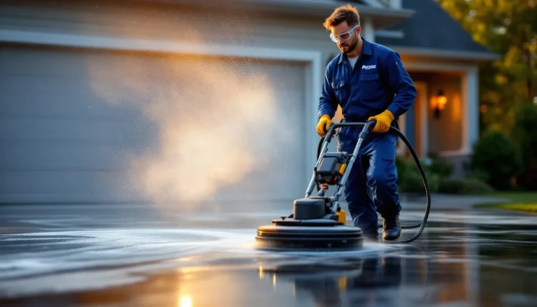 Professional power washing service cleaning a residential concrete driveway with a surface cleaner at golden hour