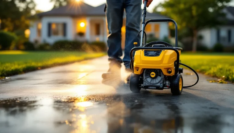 Gas pressure washer rental unit cleaning a concrete driveway at golden hour outside a suburban home