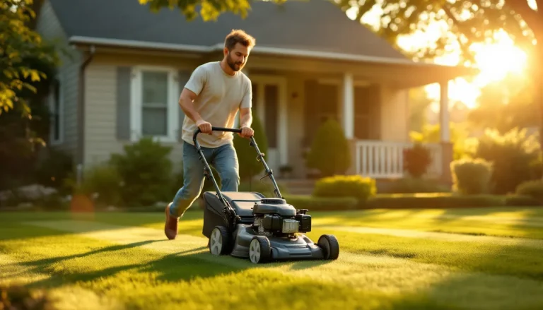 Homeowner pushing a 21-inch push lawn mower across a small green suburban yard at golden hour