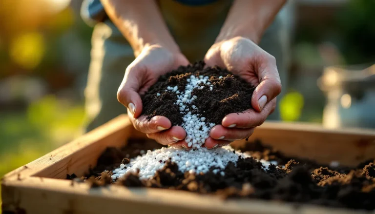 Hands mixing dark compost, topsoil, and perlite into a wooden raised garden bed at golden hour
