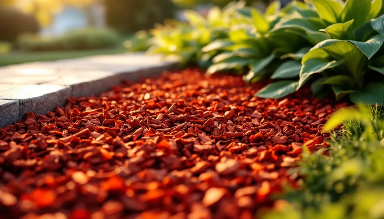 Fresh red dyed wood mulch spread in a landscaped flower bed beside green plants and a gray stone walkway