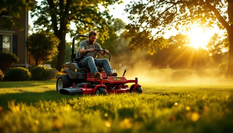Red riding lawn mower with a 42-inch deck cutting a sloped one-acre suburban lawn at golden hour