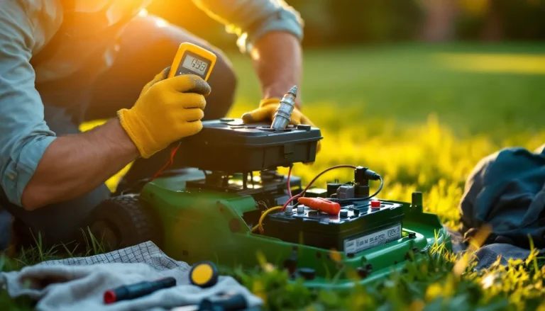 Homeowner using a multimeter to test the battery on a gas riding lawn mower for repair diagnosis