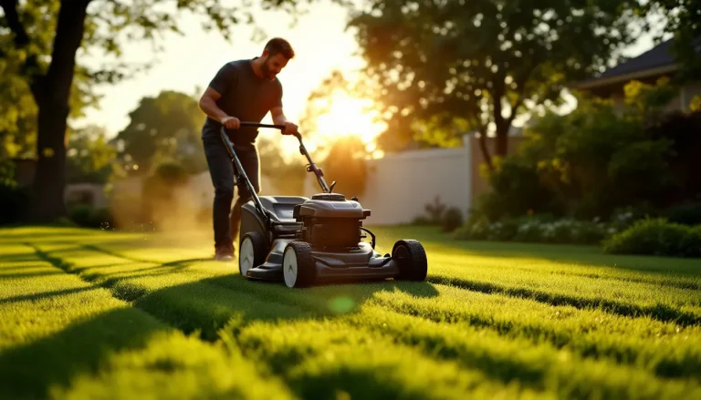 Homeowner using a rear-wheel-drive self-propelled lawn mower on a sloped backyard lawn at golden hour