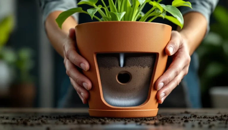 Cutaway of a self watering plant pot showing the bottom reservoir, wick, and overflow hole feeding moisture up to the roots