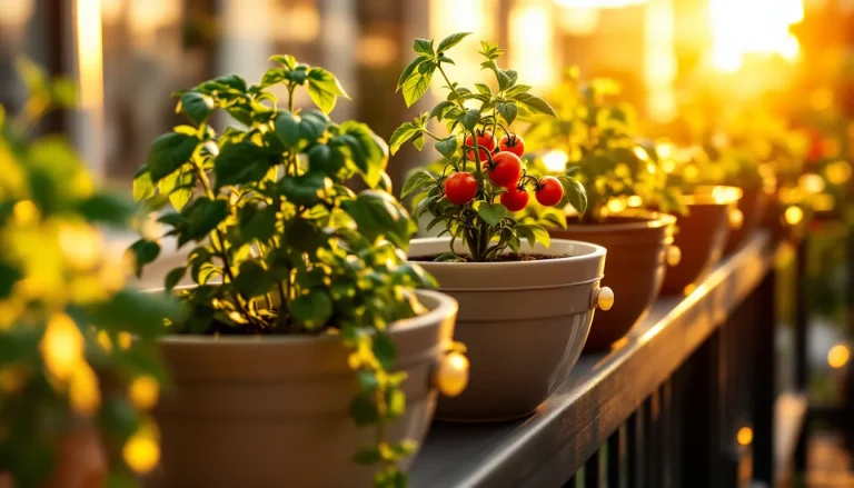 Row of self watering planters on a sunlit balcony with herbs and tomatoes, water level gauges visible on the side reservoirs