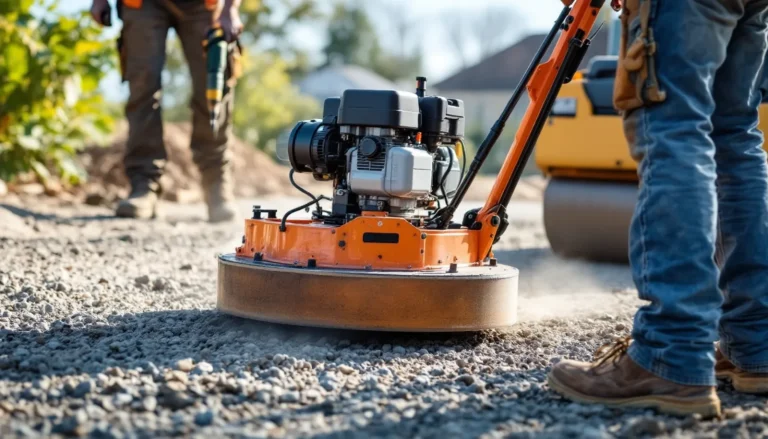 Walk-behind vibrating plate compactor densifying a gravel base layer next to a rammer and roller on a hardscape job site