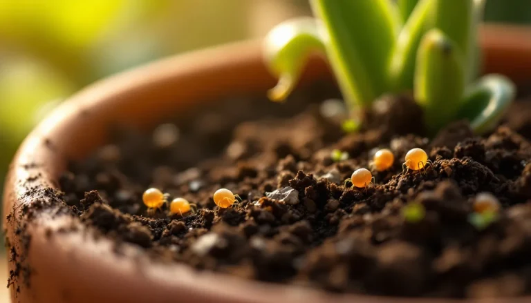 Macro view of tiny brown and white soil mites crawling on the moist surface of dark potting soil in a houseplant pot