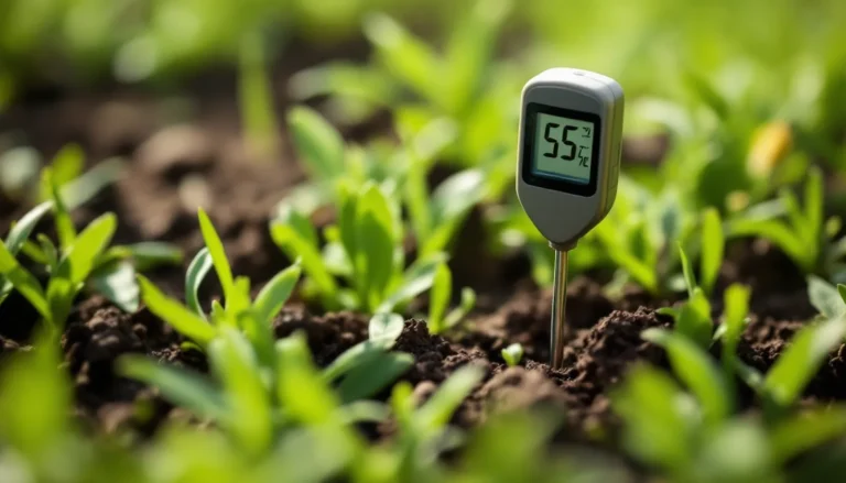 Soil thermometer probe inserted two inches into green lawn turf showing a mid-spring soil temperature reading near 55 degrees Fahrenheit