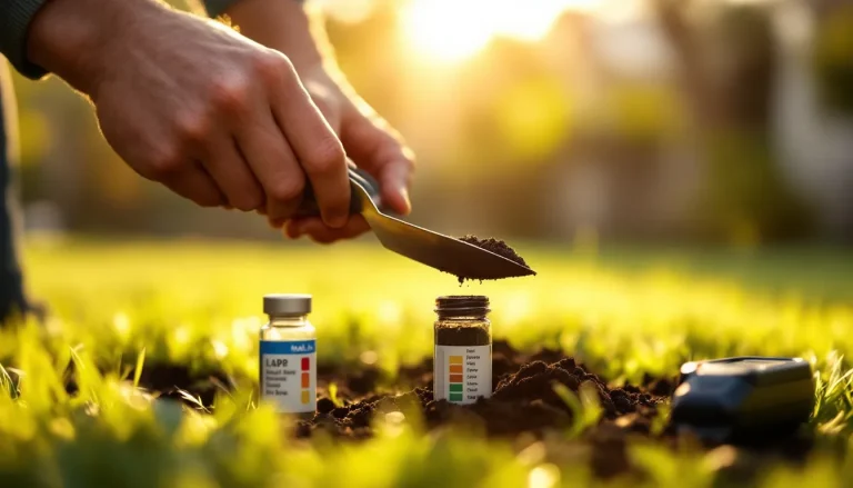 Homeowner using a soil test kit to collect a soil sample from a garden bed beside lab and DIY test tubes