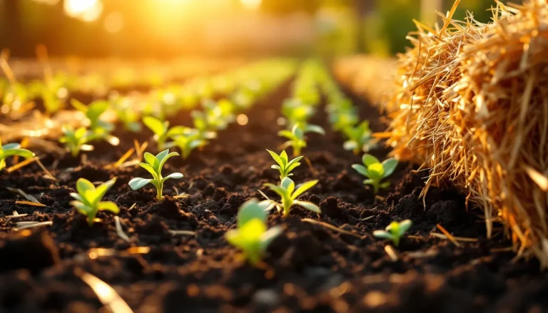 Golden straw mulch spread in a thin layer over a freshly seeded garden bed at golden hour