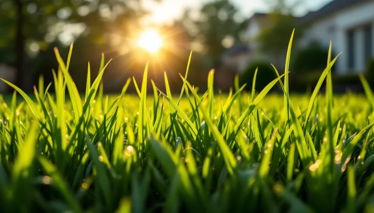 Close-up of dark green coarse-bladed tall fescue grass growing in a clumping bunch-type habit in a backyard lawn at golden hour