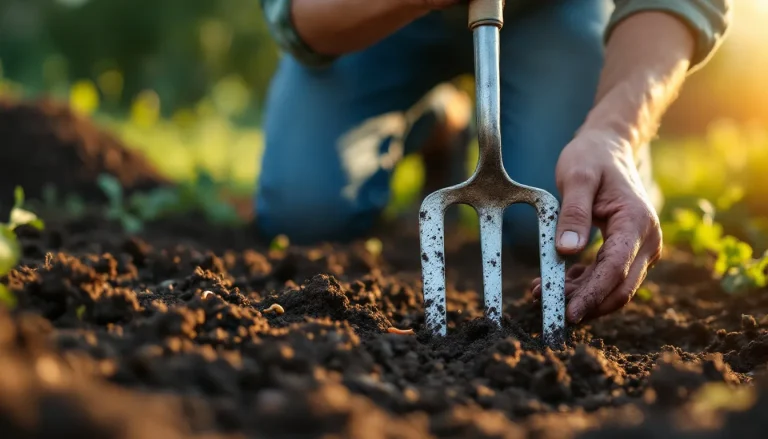 Gardener turning rich dark soil with a garden fork in a freshly prepared vegetable bed at golden hour
