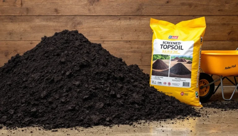 Pile of dark screened topsoil next to bagged topsoil and a wheelbarrow, showing texture and grade differences for a 2026 buying guide