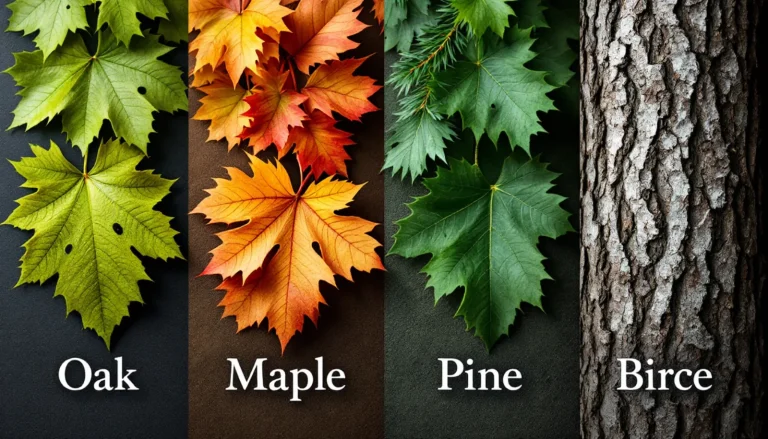 Side-by-side tree leaves and bark showing oak, maple, pine, and birch with common and botanical name labels