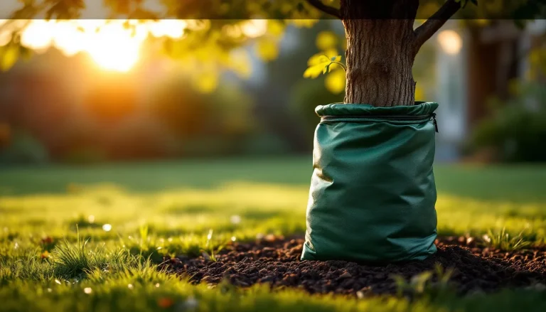 Green zip-up tree watering bag wrapped around the trunk of a newly planted young tree in a sunlit yard
