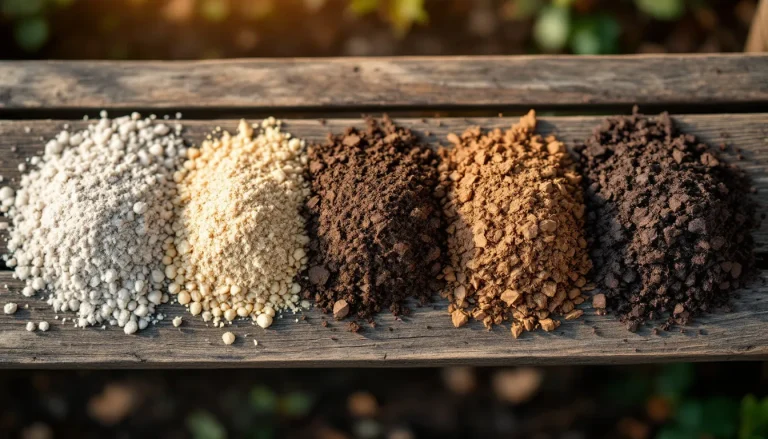 Six labeled handfuls of soil (clay, sandy, silty, peaty, chalky, loamy) arranged on a wooden garden bench at golden hour