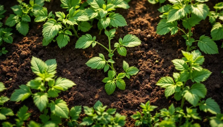 Vegetable garden bed with tomato plants and fertilizer