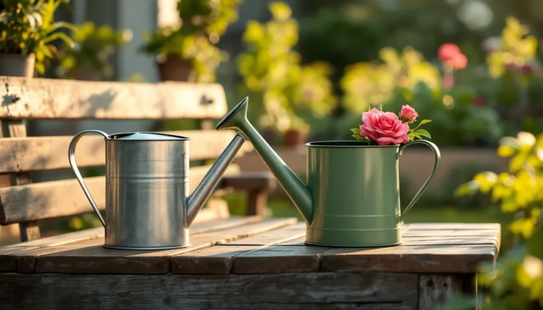 A long-spout metal indoor watering can and a larger plastic outdoor watering can side by side on a garden bench in golden-hour light