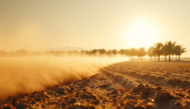 Wind lifting dry topsoil off a bare flat field into a low dust cloud at golden hour, with a tree shelterbelt in the distance
