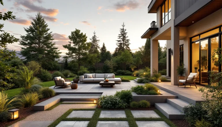 Beautifully designed residential yard with hardscape and plantings