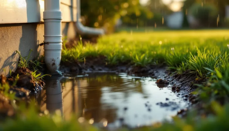 Suburban backyard with standing water and a soggy lawn after rain, showing a downspout discharging near the foundation and a low drainage spot