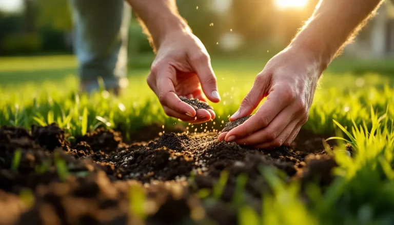 Hands broadcasting zoysia grass seed over freshly prepared soil in a sunny suburban yard at golden hour