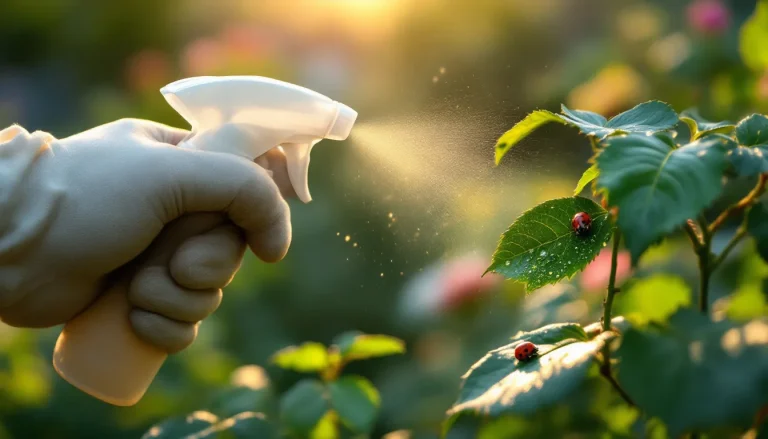 Gardener spraying insecticidal soap on the undersides of rose leaves to control a green aphid colony at golden hour