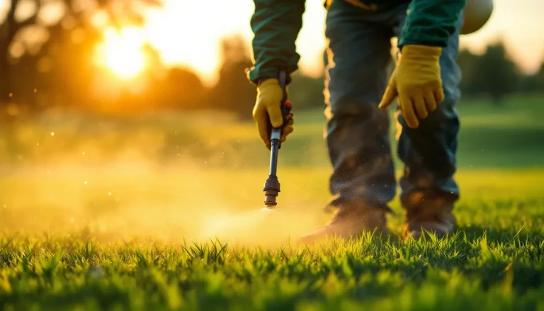 Applicator in protective gear spraying azoxystrobin fungicide on green turf at golden hour