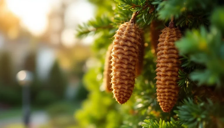 Bagworm bags hanging on arborvitae foliage with a garden sprayer, showing when to apply bagworm insecticide