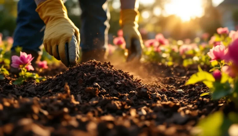 Freshly spread shredded hardwood bark mulch around flowering plants in a landscaped garden bed at golden hour