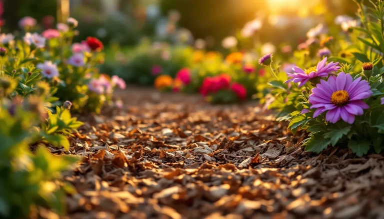Brown shredded hardwood bark mulch spread 3 inches deep around blooming flowers in a home garden bed at golden hour