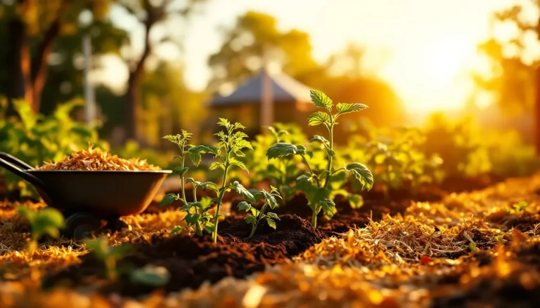 Raised vegetable garden bed mulched with clean straw around tomato and lettuce plants at golden hour