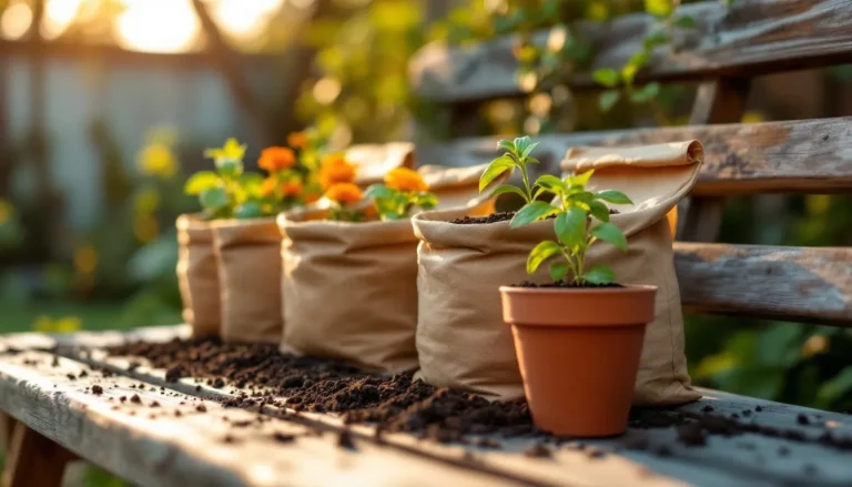 Four bags of potting soil beside identical container plants in a side-by-side grow trial on a garden bench