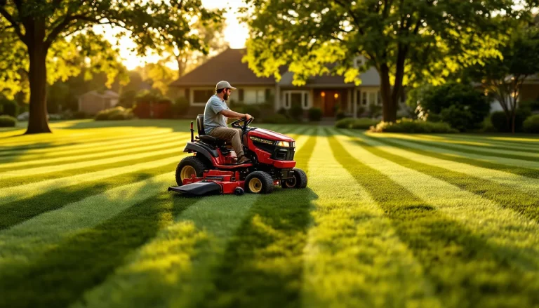 Red riding lawn tractor with a 46-inch deck mowing a large green suburban lawn at golden hour