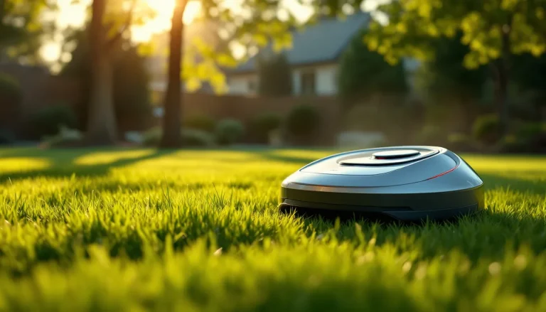 Wire-free robot lawn mower cutting a suburban lawn at golden hour with its charging dock in the background