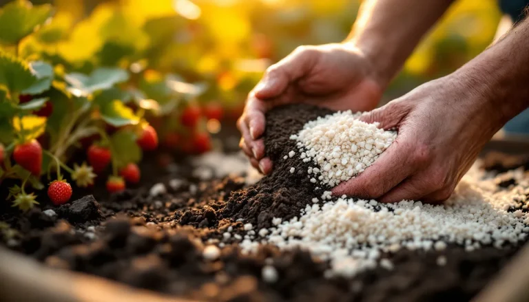Gardener mixing compost, potting soil, and perlite into a strawberry planting bed with ripe berries nearby