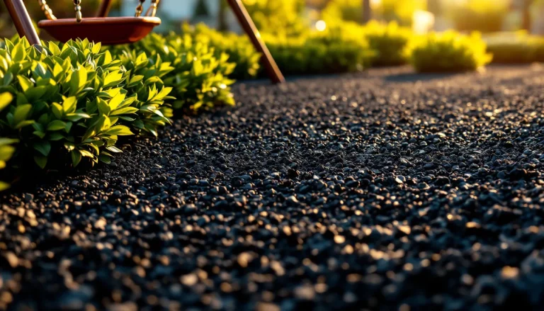 Black rubber mulch spread evenly around a landscaped garden bed and a playground edge in golden-hour light